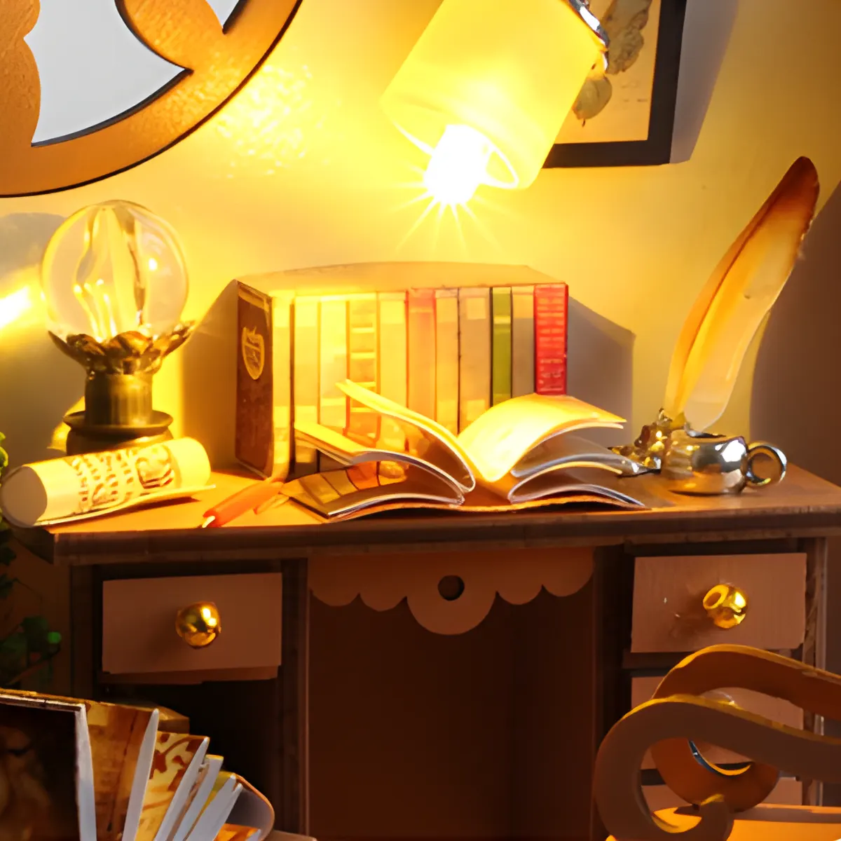 Wizard's Study Miniature desk, open book, quill, light bulb, magical elements.