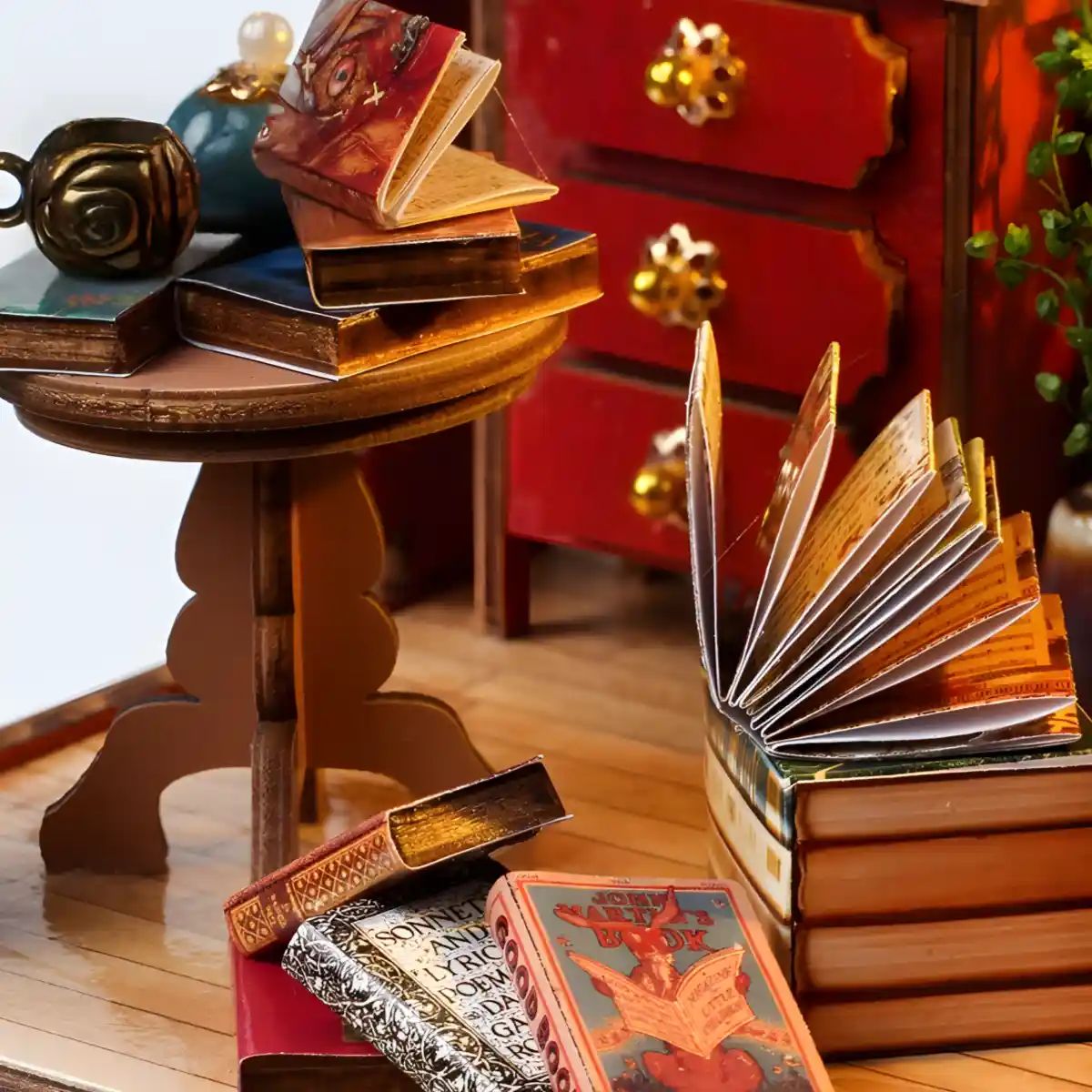 Magical Miniature House, open book, small table, antique book covers.