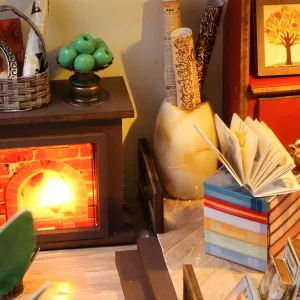 Handmade Magic House, glowing fireplace, steps, scroll vase, stacked books.