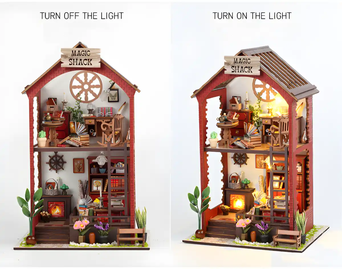 Magic Shack DIY Miniature House, lights off vs. lights on comparison, lighting feature.