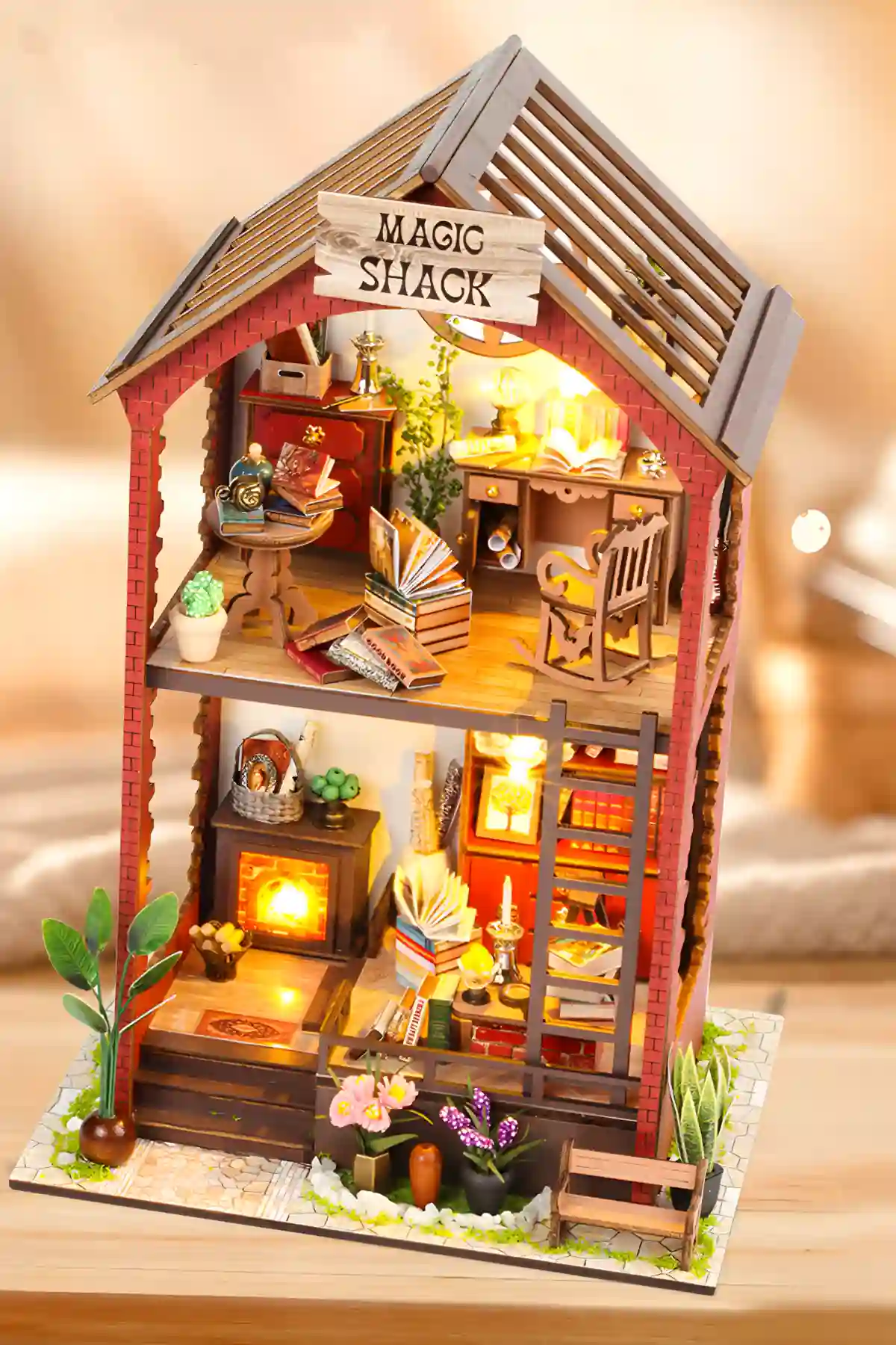 Magic Shack DIY Miniature House showcase, detailed two-story interior, ideal creative gift.
