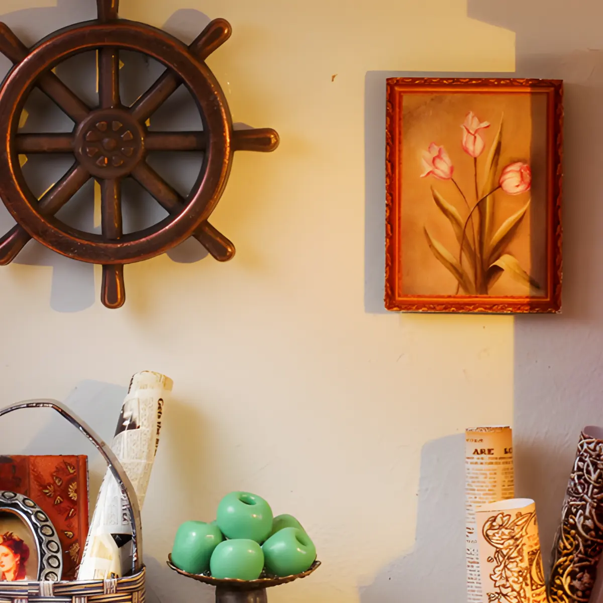 Magical Miniature House, rustic ship's wheel, floral art, antique scrolls.