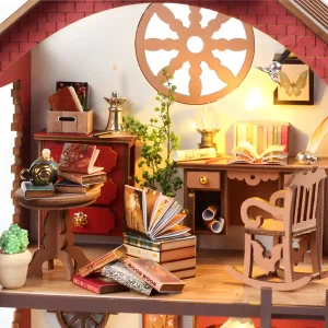 Second-floor Wizard's Study Miniature, desk, rocking chair, open books, window detail.