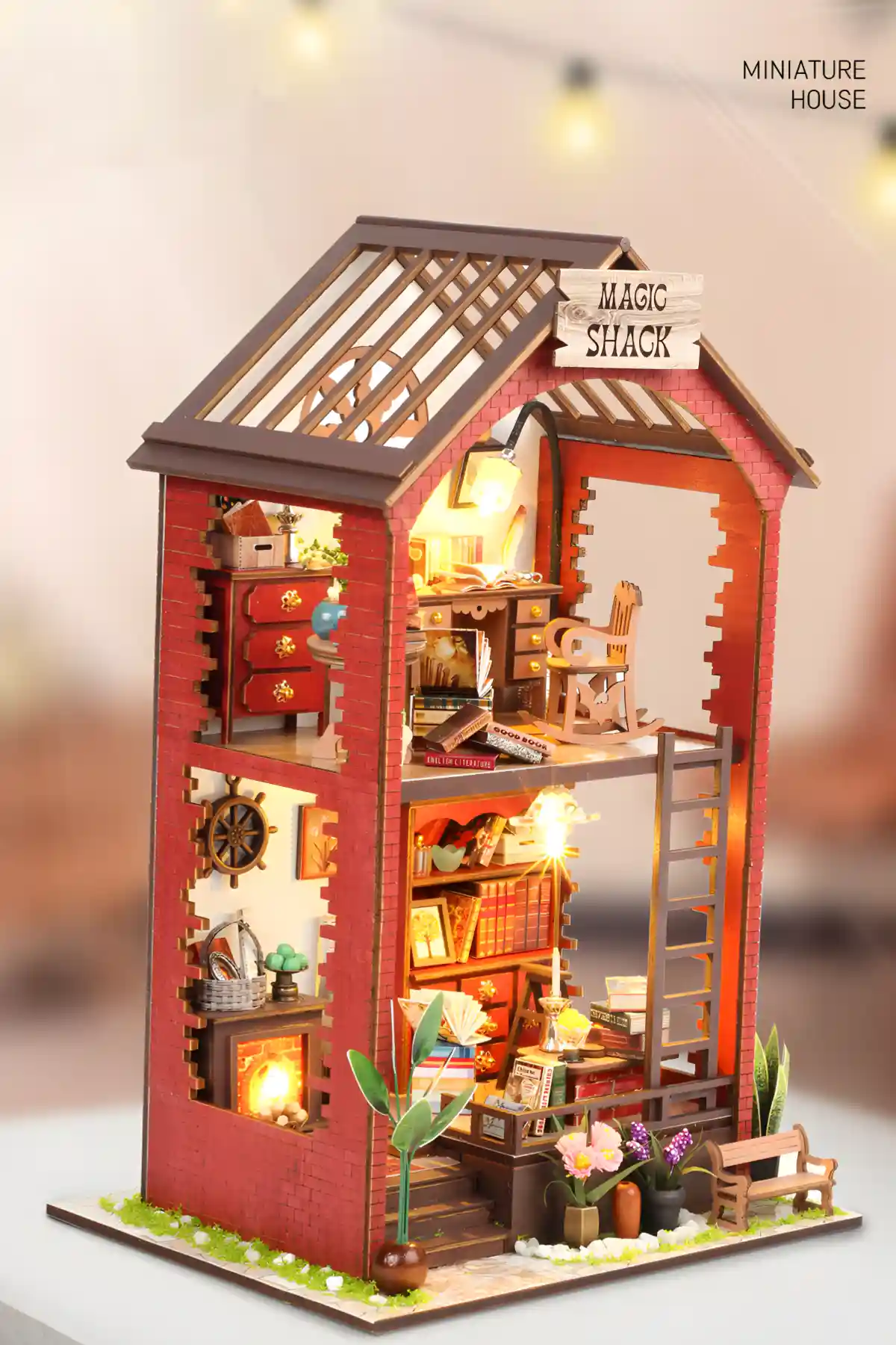 Handmade Magic House, side view, illuminated interior, magical elements.