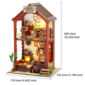 Magic Shack Miniature House size specifications, dimensions in millimeters and inches.