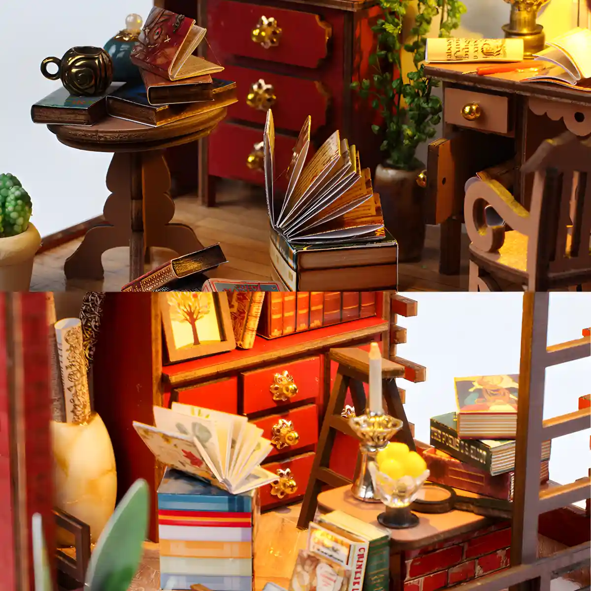 DIY Magical Shack details, side table books, red cabinet, bookshelf ladder.