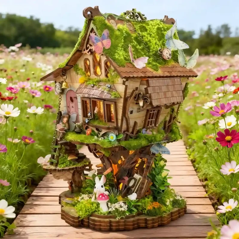 Forest Fairy Tale Miniature House display, Rowan’s Treehouse model, nature-themed dollhouse.