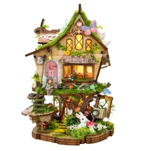 Rowan’s Treehouse Miniature House DIY Kit, whimsical woodland dollhouse, lit fairy house, nature-themed model.