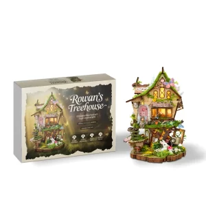 Rowan’s Treehouse DIY Miniature House Kit box, touch-sensitive lights, forest fairy tale miniature.