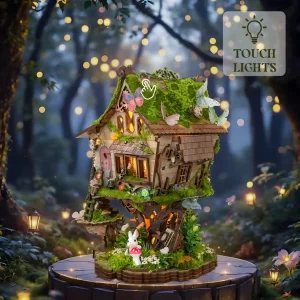 Rowan’s Treehouse Miniature House with "TOUCH LIGHTS" feature, illuminated forest fairy tale house.