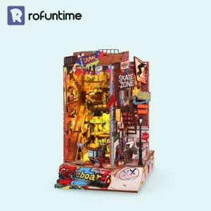 Completed Rofuntime Skate Competition Book Nook Kit with warm interior lighting.