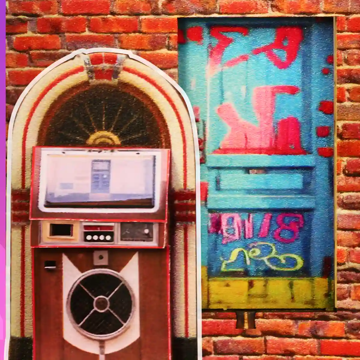 Entrance to Skateboarding Arena showing retro jukebox and Graffiti door.
