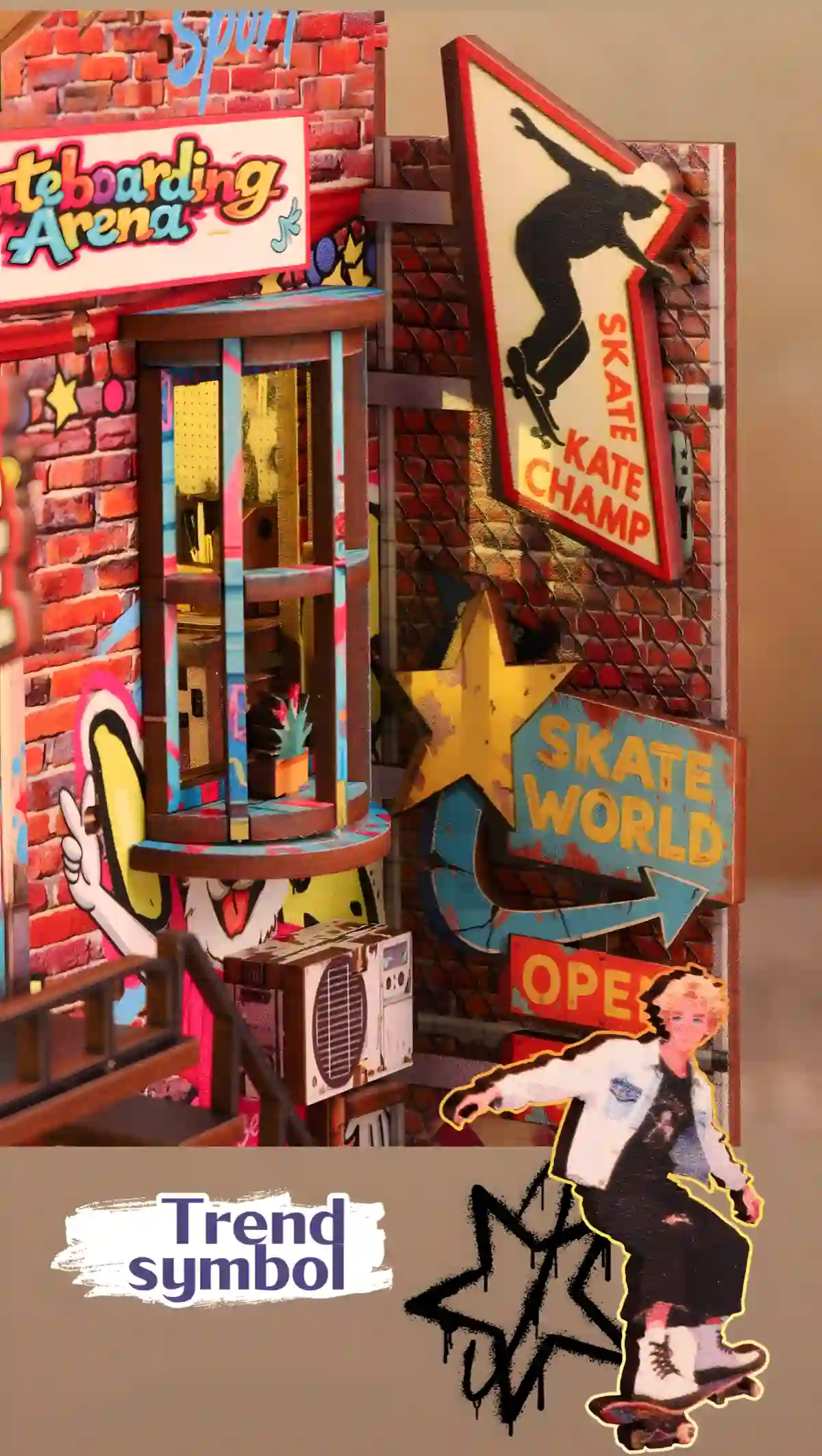 "Trend symbol" side view: Skateboarding Arena signs and Street Art details.