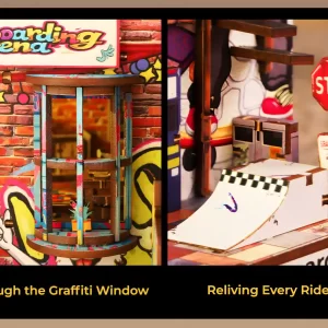 Divided image: Graffiti window and a skate ramp for the Skate Competition Book Nook Kit.