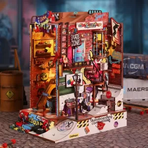 Complete Skate Competition DIY Book Nook Kit side view, showing interior and exterior.