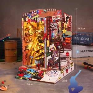 Dimensions of the Skate Competition DIY Book Nook Kit (14cm x 18cm x 22.3cm).