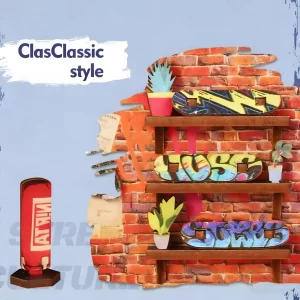 Classic style shelf displaying miniature skateboards with colorful Graffiti art.