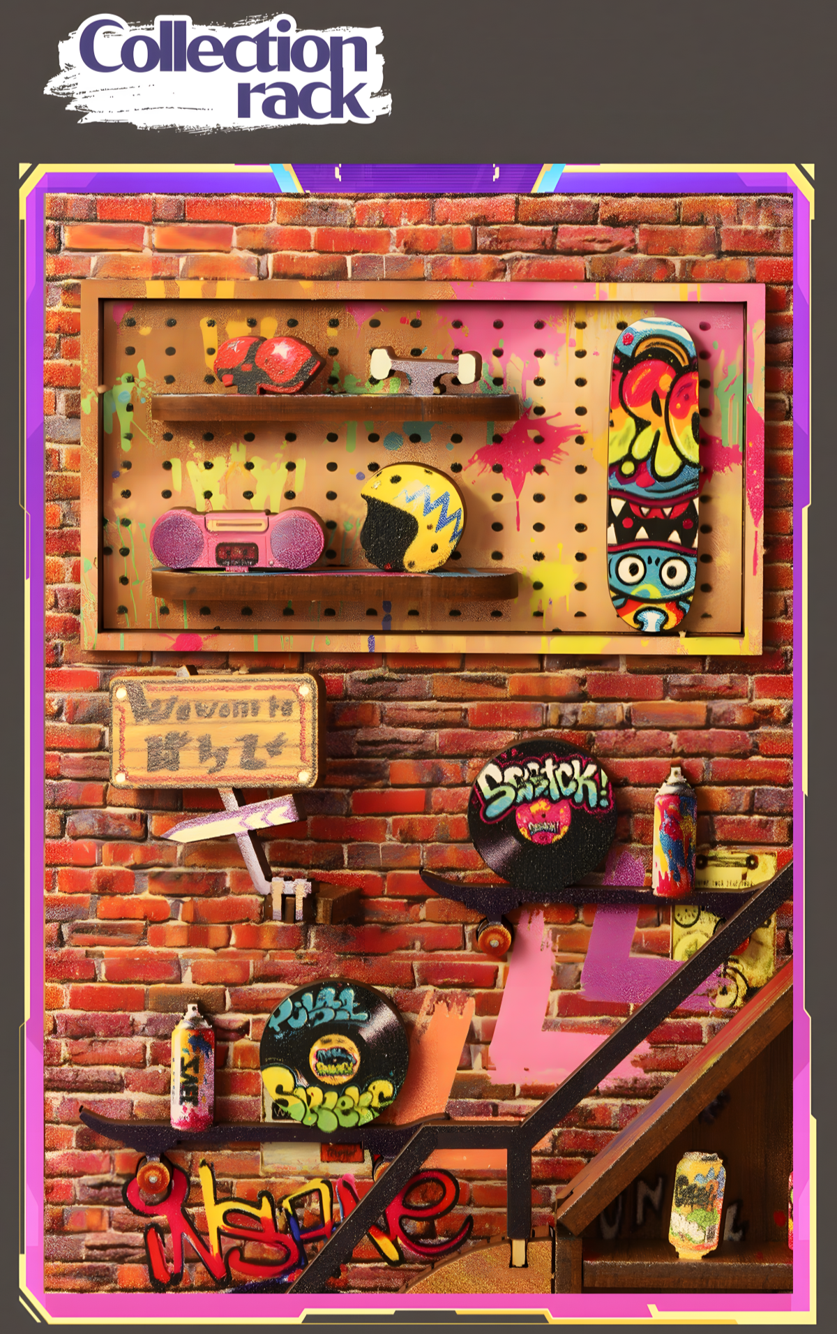 Display shelf with gear, vinyl, and Graffiti art: a vibrant look at Skate Culture.