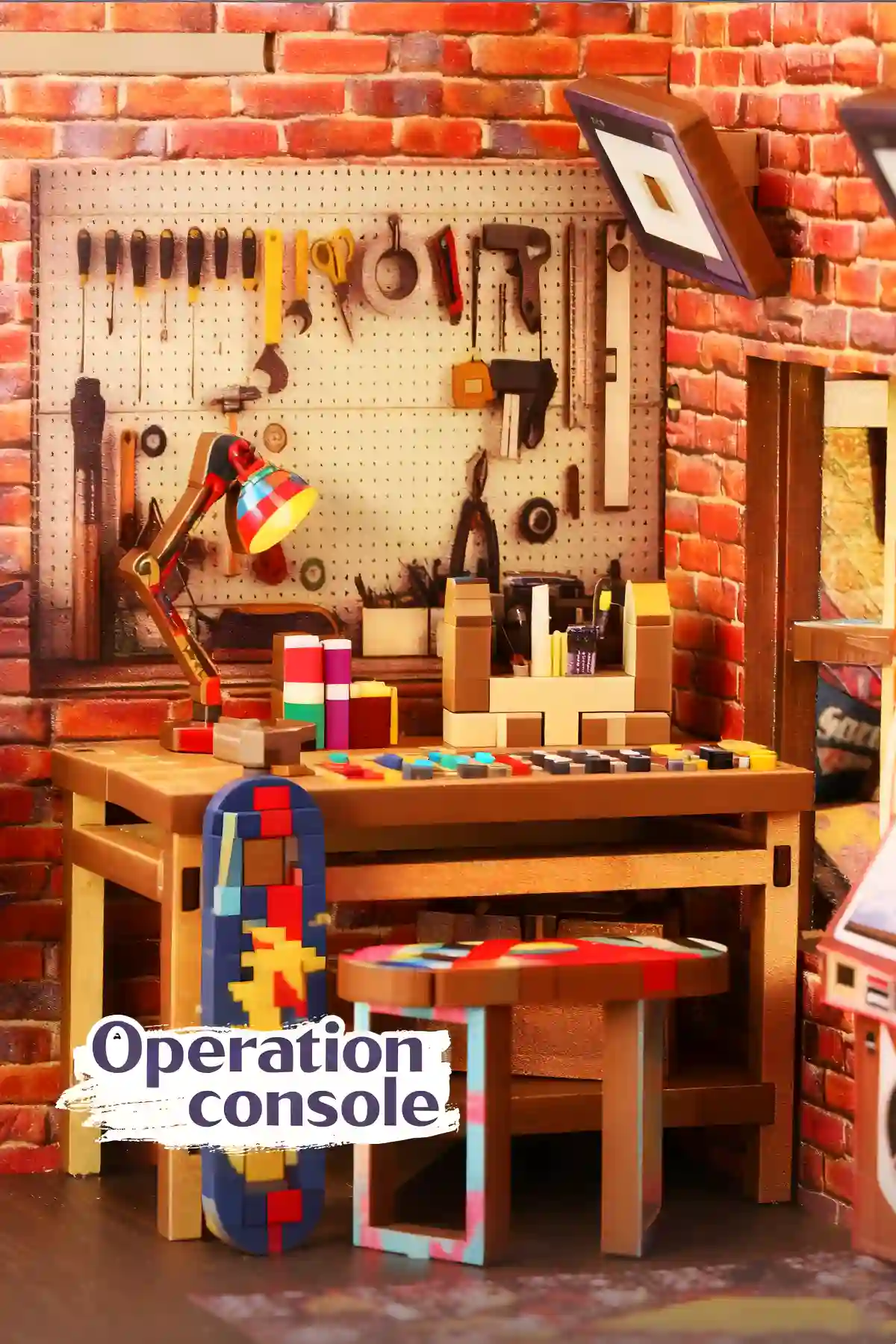 Miniature "Operation console" repair table with tools, lamp, and skateboard in the Book Nook Kit.