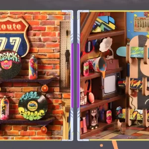 Two detail shots: Route 77 sign with Graffiti records and a stacked skateboard display shelf.