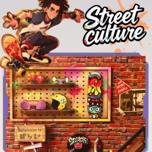 Street Culture display: Skateboarder figure, pegboard with gear, and Graffiti vinyl record.