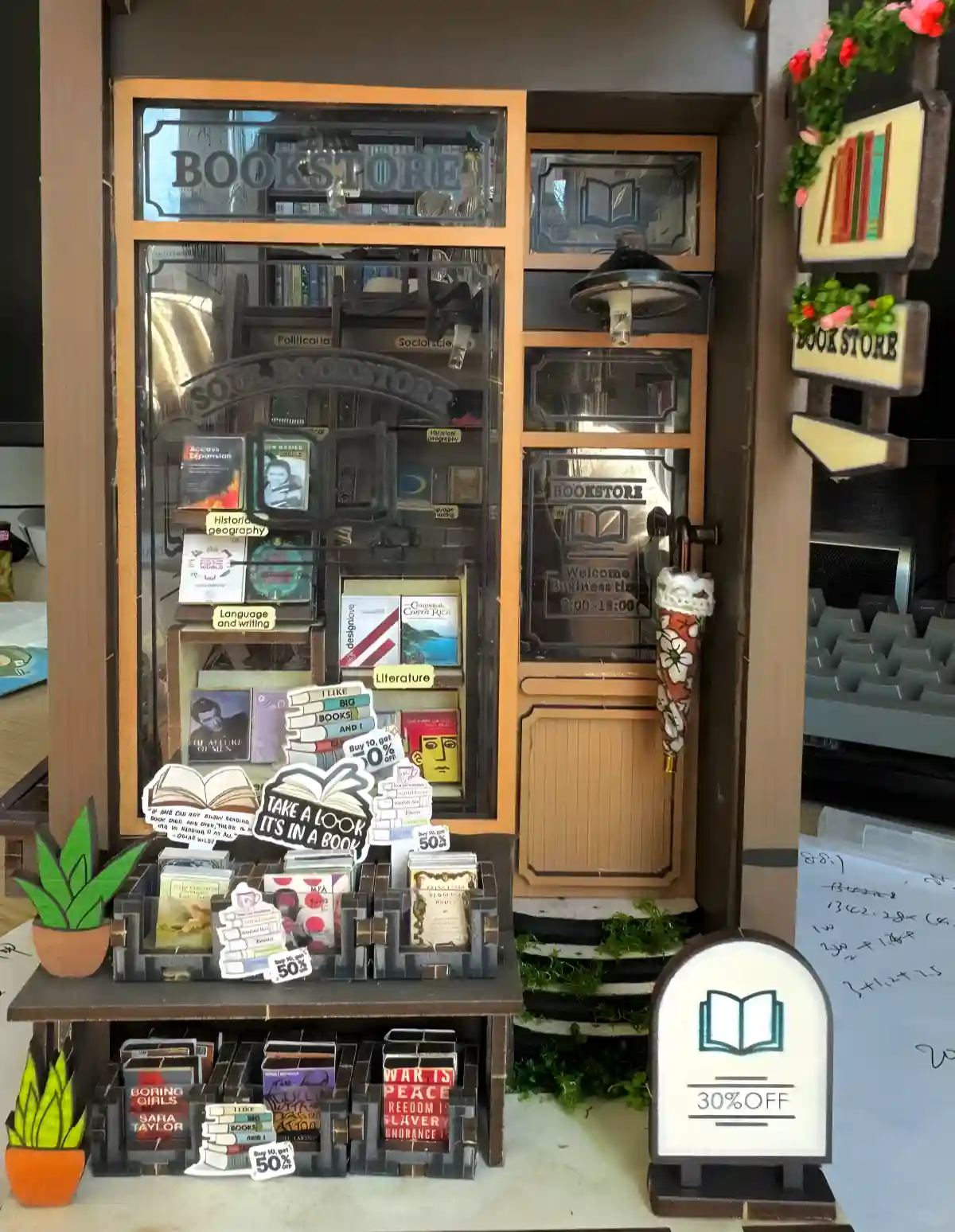 Entrance of the Soul Bookstore DIY book nook, featuring its detailed window display—a perfect reading nook craft project.