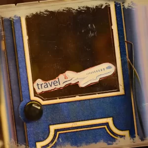 Close-up of the blue door on The Dainty Steeper book nook, featuring a travel sticker.
