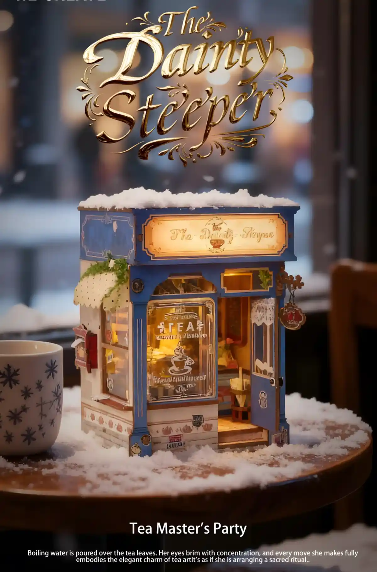 The Dainty Steeper DIY Book Nook Kit, a snowy, illuminated English vintage tea shop on a wooden table.