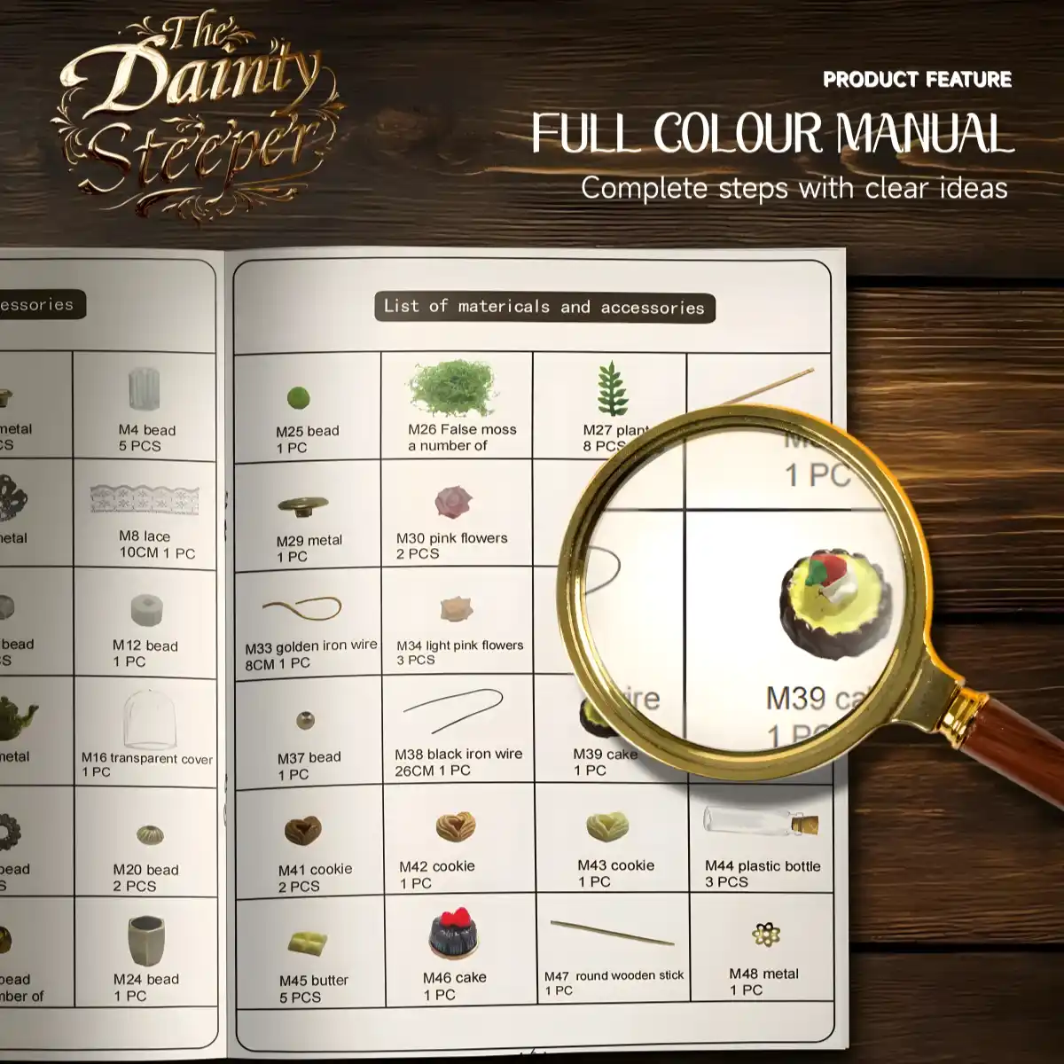 Full color manual, The Dainty Steeper DIY Book Nook Kit, showing accessories list, magnifying glass.