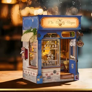 The Dainty Steeper book nook, side view, illuminated English vintage tea shop, rainy background.