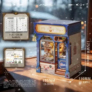 The Dainty Steeper DIY Book Nook Kit dimensions, size 175mm tall, manuals shown.