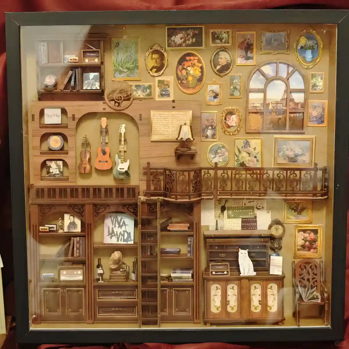 A Rofuntime Secret Rhythm DIY book nook kit makeover: a handcrafted, music-inspired bookshelf insert.