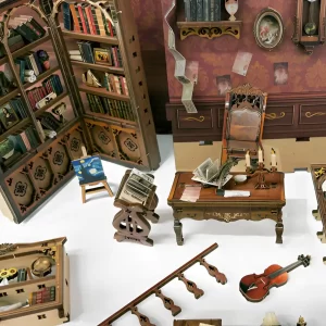 Unassembled pieces of the DIY Book Nook, showing the wooden bookshelf diorama and furniture parts.