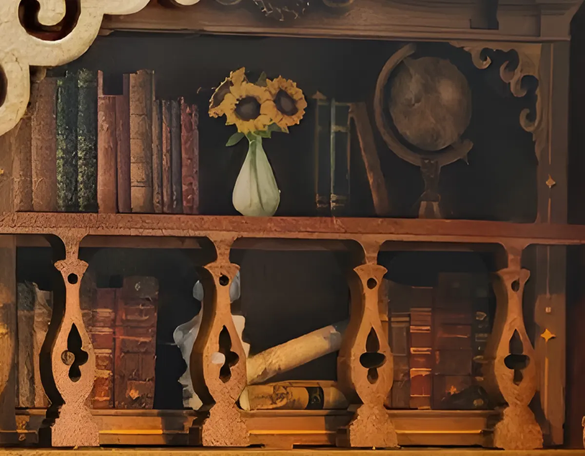 Close-up of a vintage miniature library bookshelf inside the Time Book House book nook, showing tiny books.