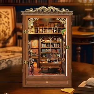 The complete Time Book House DIY Book Nook Kit, a vintage miniature library with a detailed antique desk.