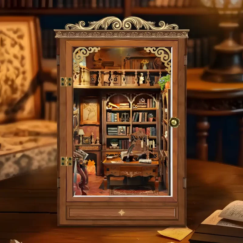 The complete Time Book House DIY Book Nook Kit, a vintage miniature library with a detailed antique desk.
