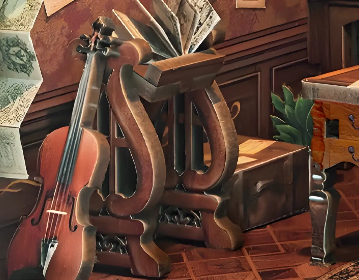 Close-up of the elegant miniature violin and stand in the Book House book nook vintage library scene.