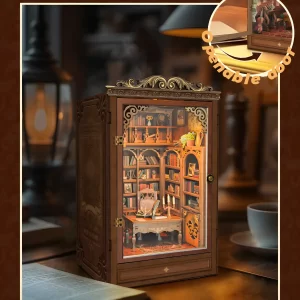 The Time Book House book nook featuring a functional, openable door that enhances this miniature study room.