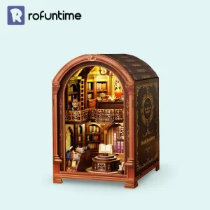 The Rofuntime World Bookstore DIY Book Nook Kit shown as a complete vintage European bookstore miniature product.