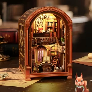 The completed World Bookstore book nook by Rofuntime, glowing with a warm light, a perfect European library miniature.