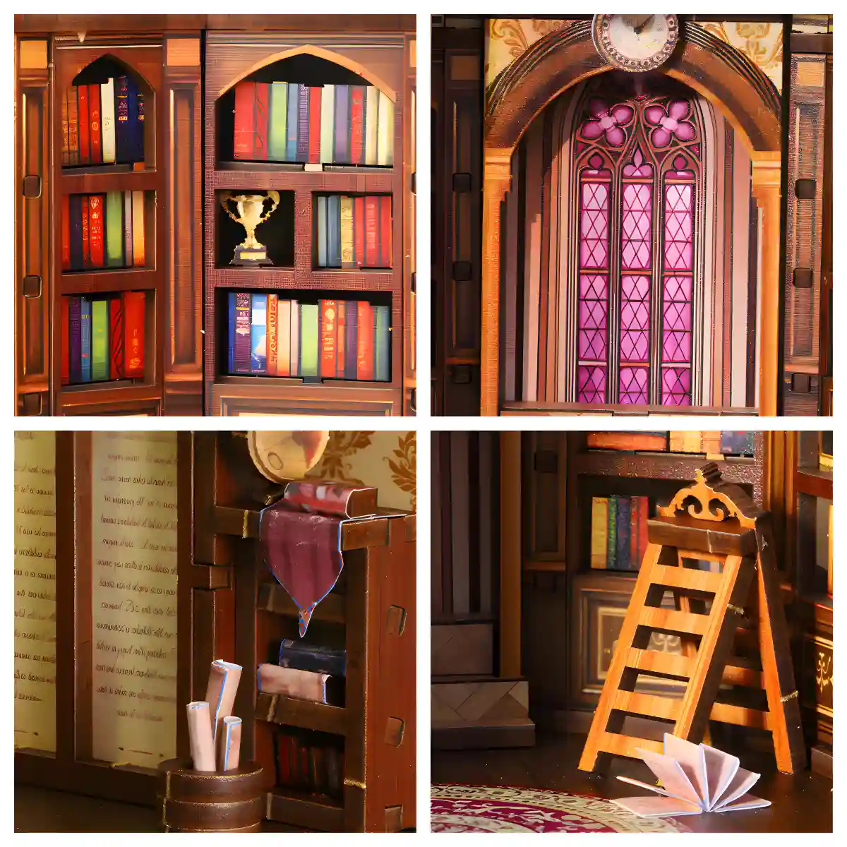 Four detailed close-ups of the DIY Book Nook, including a stained-glass window, bookshelves, and a miniature ladder.
