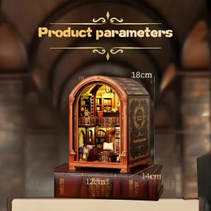 The product dimensions for the Rofuntime World Bookstore book nook, displaying its size for a bookshelf insert.