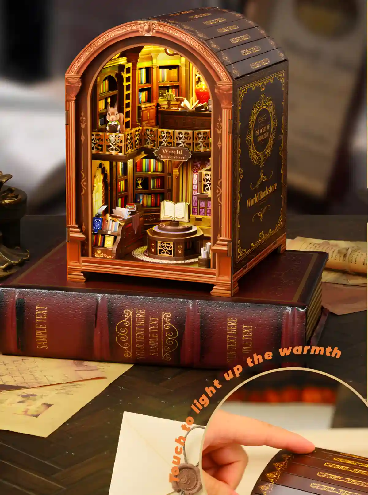 Demonstrating the touch-activated light on the Rofuntime World Bookstore book nook, a functional warm light miniature.