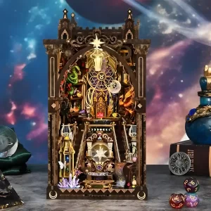 Front view of the glowing Zodiac Fantasy book nook, a celestial diorama staged with fantasy props; a complete DIY Book Nook.