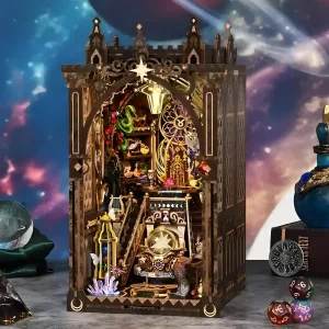 The Rofuntime Zodiac Fantasy DIY Book Nook Kit displayed from the right, glowing warmly against a galaxy background; an astrology book nook.