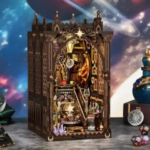 A right-side perspective of the Zodiac Fantasy book nook, showing the layered interior and detailed gothic-style frame; a Fantasy DIY Book Nook.