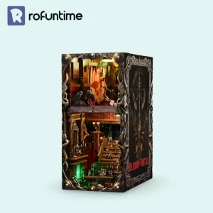 Fully assembled Bloody Hotel DIY Book Nook Kit for dark fantasy aesthetic shelf.