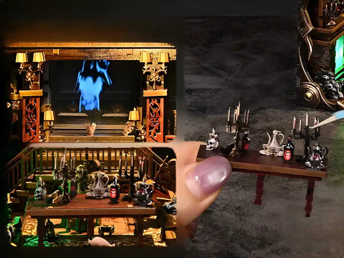 Intermediate DIY kit assembly close-up; haunted house bar with ghost and candles.