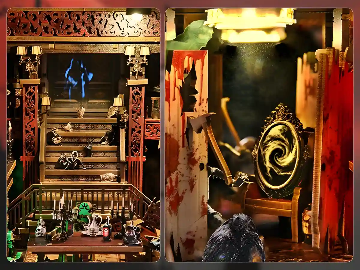 Detailed Haunted Hotel scene; scary book nook with ghost mirror and blood-stained axe.