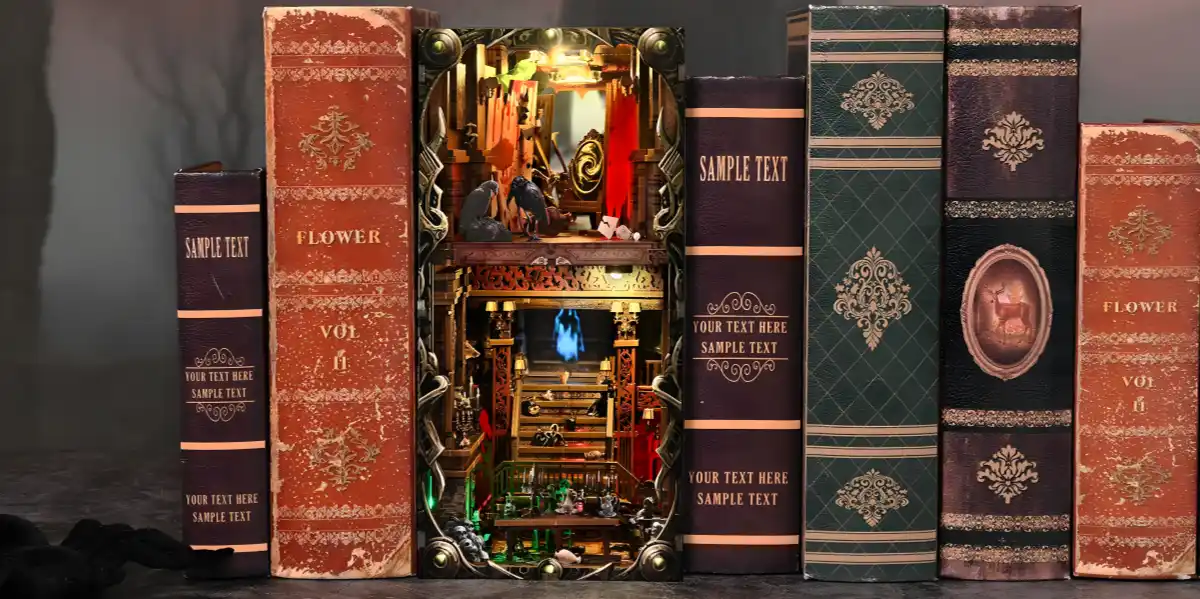 Bloody Hotel book nook DIY kit bookshelf display; Gothic miniature horror diorama insert.